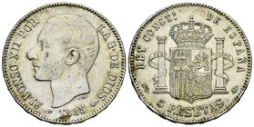 Alfonso XII (1874-1885). 5 pesetas. 1885*18-87. Madrid. MSM. (Vti-117F). Ag. 25,31 g. Coincidente. 21 barras en escudete. MBC+. Est...25,00.
