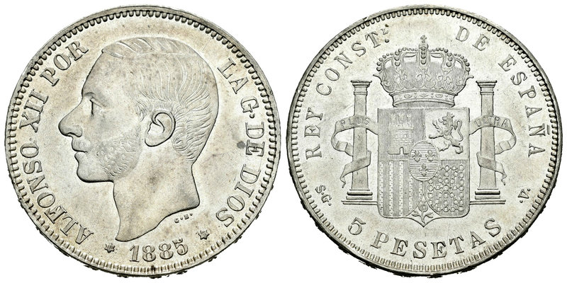 Alfonso XII (1874-1885). 5 pesetas. 1885*18-87. Madrid. SGV. (Vti-117Fh). Ag. 24...