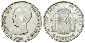 Alfonso XIII (1886-1931). 5 pesetas. 1888*18-8_. Madrid. PGM. (Vti-120Fd). Ag. 24,53 g. Coincidente. 19 barras en escudete. MBC. Est...65,00.