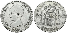Alfonso XIII (1886-1931). 5 pesetas. 1889*_ _-_ _. Madrid. PGM. (Vti-121Fc). Ag. 24,54 g. No coincidente. 21 barras en el escudete. MBC. Est...35,00.
