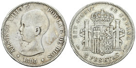 Alfonso XIII (1886-1931). 5 pesetas. 1890*_ _-_ _. Madrid. MPM. (Vti-122F variante). Ag. Coincidente. Fecha inclinada hacia la izquierda. 19 barras en...