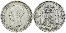 Alfonso XIII (1886-1931). 5 pesetas. 1890*18-90. Madrid. MPM. (Vti-122Fa). Ag. 24,32 g. Coincidente. 22 barras en escudete. MBC-. Est...35,00.