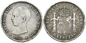 Alfonso XIII (1886-1931). 5 pesetas. 1890*_8-_ _. Madrid. PGL. (Vti-122Fg). Ag. 24,57 g. No coincidente. 22 barras en el escudete. Muy escasa. MBC. Es...