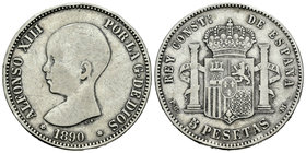 Alfonso XIII (1886-1931). 5 pesetas. 1890*18-90. Madrid. PGM. (Vti-123Fa variante). Ag. 23,75 g. Coincidente. 21 barras en escudete. Cabeza grande. MB...