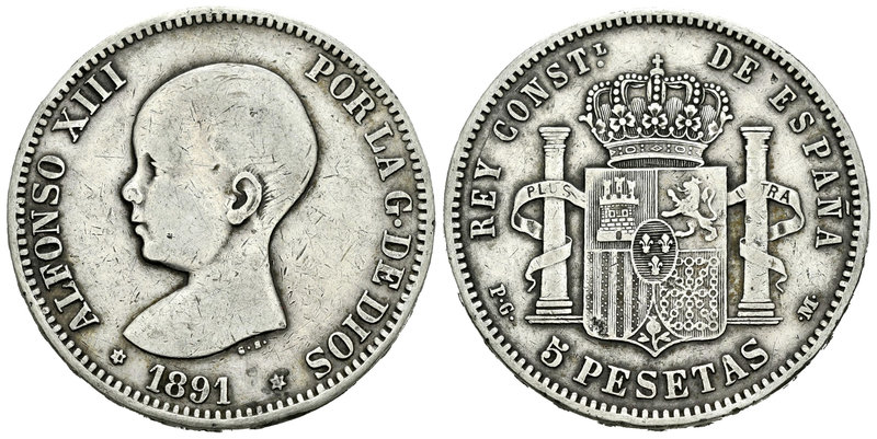 Alfonso XIII (1886-1931). 5 pesetas. 1891*18-91. Madrid. PGM. (Vti-124F). Ag. 24...