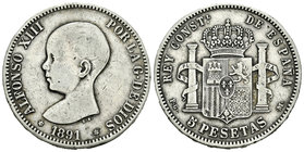 Alfonso XIII (1886-1931). 5 pesetas. 1891*18-91. Madrid. PGM. (Vti-124F). Ag. 24,65 g. Coincidentes. 22 barras en el escudete. MBC. Est...25,00.