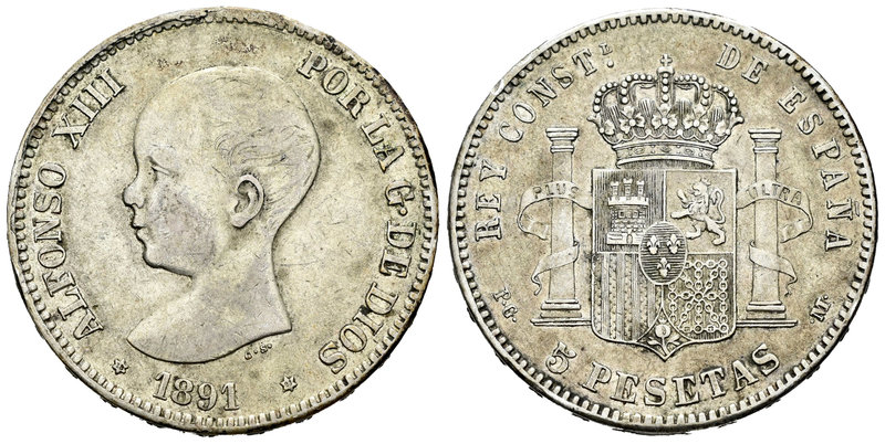 Alfonso XIII (1886-1931). 5 pesetas. 1891*18-91. Madrid. PGM. (Vti-124F). Ag. 25...