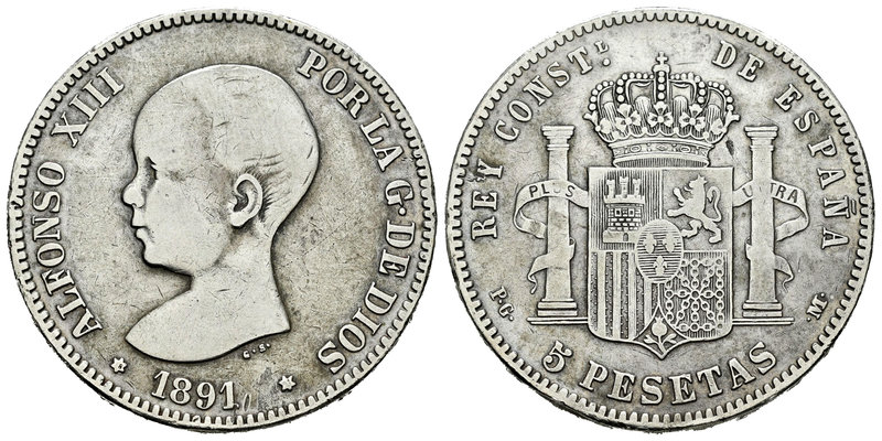 Alfonso XIII (1886-1931). 5 pesetas. 1891*18-91. Madrid. PGM. (Vti-124F). Ag. 24...