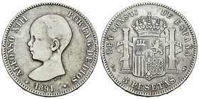 Alfonso XIII (1886-1931). 5 pesetas. 1891*18-91. Madrid. PGM. (Vti-124F). Ag. 24,23 g. Coincidente. 21 barras en el escudete. Los "unos" de la fecha s...