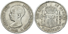 Alfonso XIII (1886-1931). 5 pesetas. 1891*_8-_1. Madrid. PGM. (Vti-124F variante). Ag. 24,65 g. Coincidente. 22 barras en escudete. Girada alrededor d...
