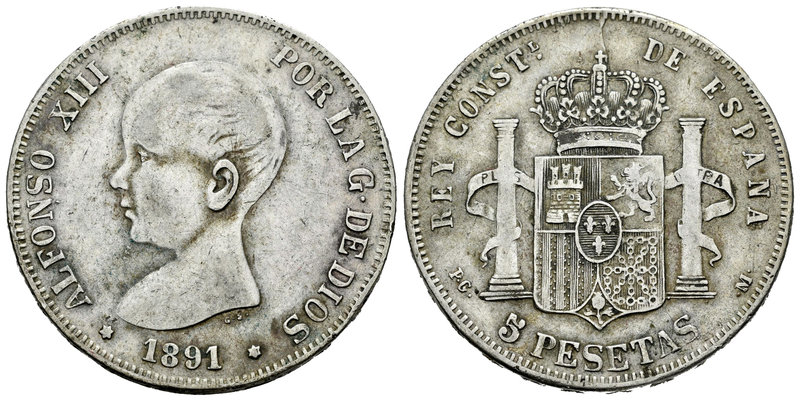 Alfonso XIII (1886-1931). 5 pesetas. 1891*_ _-_1. Madrid. PGM. (Vti-124F variant...