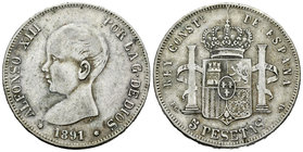 Alfonso XIII (1886-1931). 5 pesetas. 1891*_ _-_1. Madrid. PGM. (Vti-124F variante). Ag. 24,74 g. Coincidente. 22 barras en escudete. Busto imaginario....
