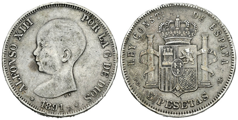 Alfonso XIII (1886-1931). 5 pesetas. 1891*18-8_. Madrid. PGM. (Vti-124Fd). Ag. 2...