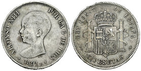 Alfonso XIII (1886-1931). 5 pesetas. 1891*18-8_. Madrid. PGM. (Vti-124Fd). Ag. 24,85 g. 22 barras en el escudete. P de PESETAS pequeña. MBC. Est...25,...