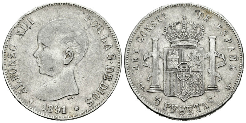 Alfonso XIII (1886-1931). 5 pesetas. 1891*_ _-_7. Madrid. PGM. (Vti-124Fe). Ag. ...