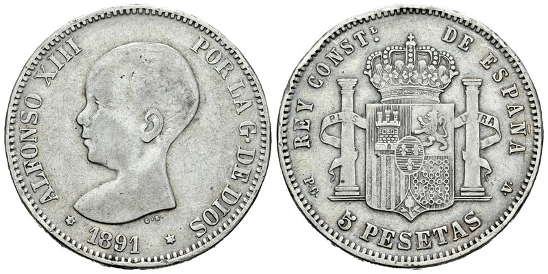Alfonso XIII (1886-1931). 5 pesetas. 1891*_8-_1. Madrid. PGV. (Vti-124Fg). Ag. 2...
