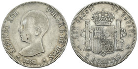 Alfonso XIII (1886-1931). 5 pesetas. 1891*18-81. Madrid. MSM. (Vti-124Fi variante). Ag. 23,94 g. 22 barras es escudete. Muy escasa. MBC. Est...40,00.