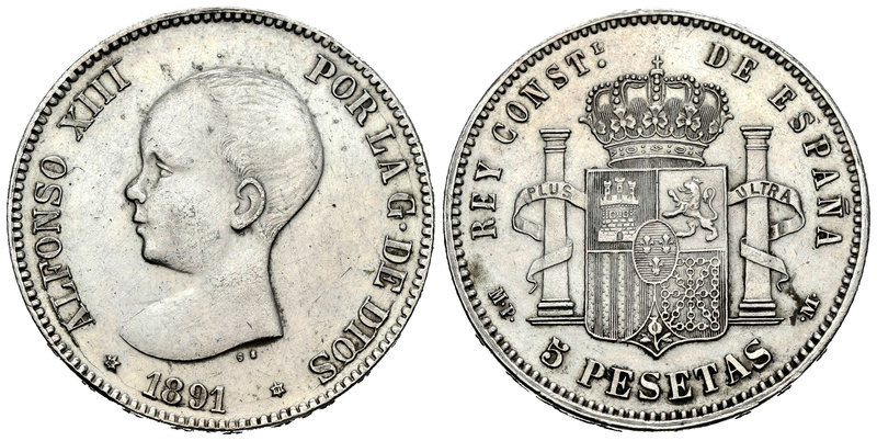 Alfonso XIII (1886-1931). 5 pesetas. 1891*18-81. Madrid. MPM. (Vti-124Fq variant...