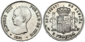 Alfonso XIII (1886-1931). 5 pesetas. 1891*18-81. Madrid. MPM. (Vti-124Fq variante por giro). Ag. 24,92 g. No coincidente. 22 barras en escudete. Girad...