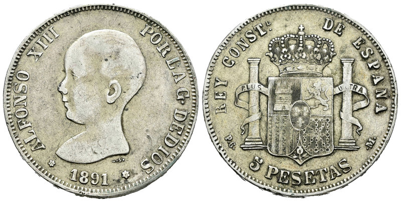 Alfonso XIII (1886-1931). 5 pesetas. 1891*18-_1. Madrid. PGM. (Vti-no cita). Ag....