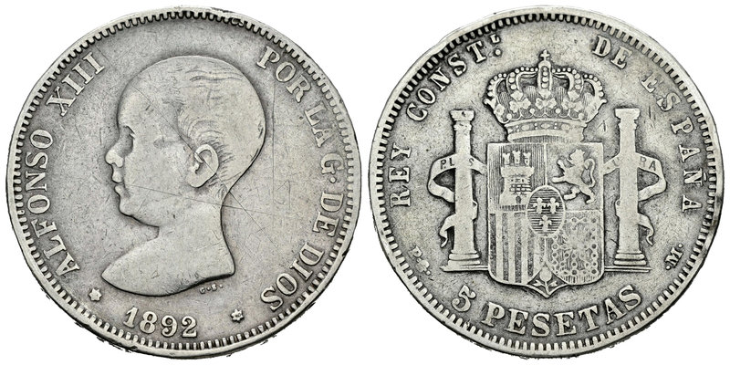 Alfonso XIII (1886-1931). 5 pesetas. 1892*_ _-90. Madrid. PGM. (Vti-125F). Ag. 2...
