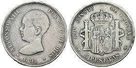Alfonso XIII (1886-1931). 5 pesetas. 1892*_ _-90. Madrid. PGM. (Vti-125F). Ag. 24,85 g.  Coincidente. 20 barras en el escudete. Variante por 9 retorci...