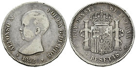 Alfonso XIII (1886-1931). 5 pesetas. 1892*18-_ _. Madrid. MSM. (Vti-125Fb). Ag. 24,67 g. No coincidente. 22 barras en el escudete. Muy escasa. MBC. Es...