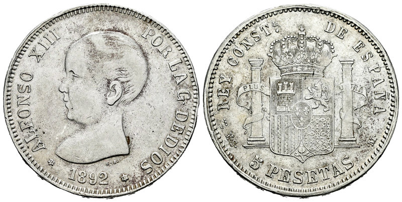 Alfonso XIII (1886-1931). 5 pesetas. 1892*18-92. Madrid. MSM. (Vti-125Fb variant...