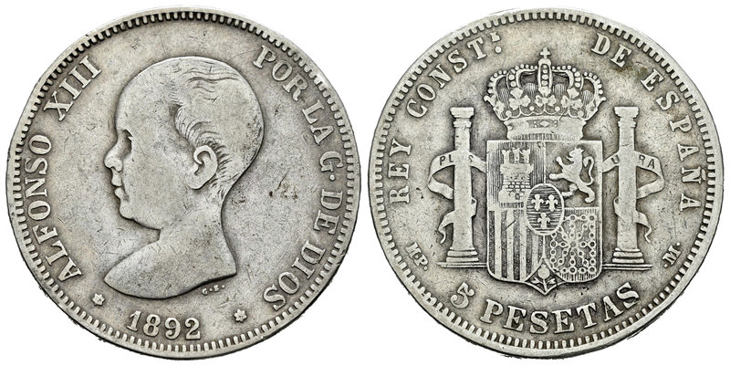Alfonso XIII (1886-1931). 5 pesetas. 1892*_8-_ _. Madrid. MPM. (Vti-125Fe varian...