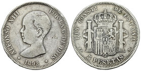 Alfonso XIII (1886-1931). 5 pesetas. 1892*_8-_ _. Madrid. MPM. (Vti-125Fe variante). Ag. 25,46 g. No coincidente. Barras dobles en escudete. 9 de la f...