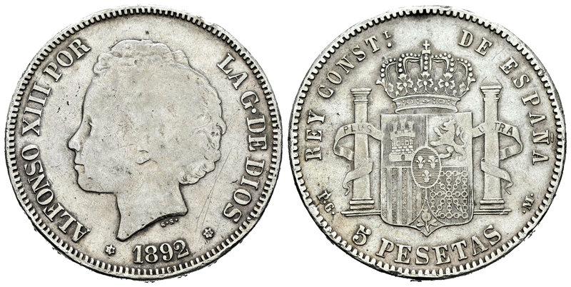 Alfonso XIII (1886-1931). 5 pesetas. 1892*18-92. Madrid. PGM. (Vti-126F). Ag. 25...