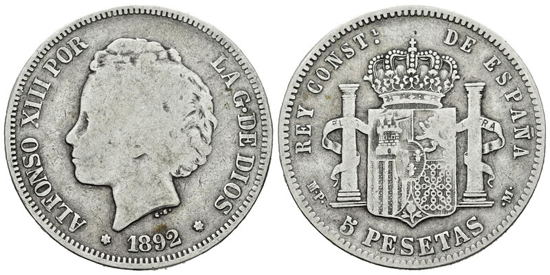 Alfonso XIII (1886-1931). 5 pesetas. 1892*_8-92. Madrid. MPM. (Vti-126Fd). Ag. 2...