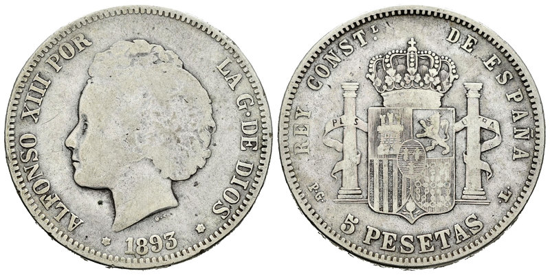 Alfonso XIII (1886-1931). 5 pesetas. 1893*_ _-_ _. Madrid. PGL. (Vti-127F varian...