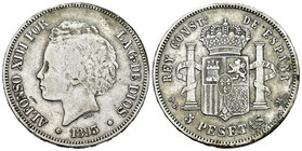 Alfonso XIII (1886-1931). 5 pesetas. 1893*18-_ _. Madrid. PGM. (Vti-127Fh). Ag. 24,34 g. No coincidente. 22 barras en escudete. Rara. MBC. Est...45,00...
