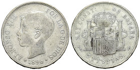 Alfonso XIII (1886-1931). 5 pesetas. 1896*18-96. Madrid. PGV. (Vti-130F). Ag. 24,57 g. Coincidente. 21 barras en escudete. 5 recto. Rara. MBC. Est...4...