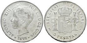 Alfonso XIII (1886-1931). 5 pesetas. 1897*18-97. Madrid. SGV. (Vti-131F). Ag. 25,03 g. Coincidente. 22 barras en escudete. EBC. Est...40,00.