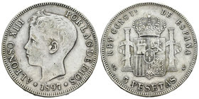 Alfonso XIII (1886-1931). 5 pesetas. 1897*18-_ _. Madrid. SGV. (Vti-131F variante por fecha). Ag. 24,55 g. Coincidente. 22 barras en escudete. MBC. Es...