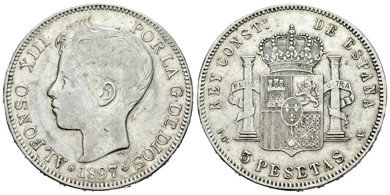 Alfonso XIII (1886-1931). 5 pesetas. 1897*18-81. Madrid. PGV. (Vti-131Fh). Ag. 2...