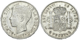 Alfonso XIII (1886-1931). 5 pesetas. 1897*18-81. Madrid. PGV. (Vti-131Fh). Ag. 24,55 g. No coincidente. 22 barras en escudete. 9 largo. Rara. MBC/MBC+...