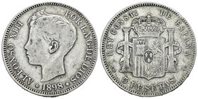 Alfonso XIII (1886-1931). 5 pesetas. 1898*18-_8. Madrid. SGV. (Vti-132F). Ag. 25,02 g. Coincidente. 22 barras en escudete. MBC. Est...25,00.