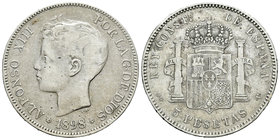 Alfonso XIII (1886-1931). 5 pesetas. 1898*18-98. Madrid. SGV. (Vti-132F variante por 9 largo). Ag. 24,65 g. Coincidente. 21 barras en escudete. MBC. E...