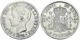 Alfonso XIII (1886-1931). 5 pesetas. 1898. Madrid. MSM. (Vti-132Fd). Ag. 24,56 g. No coincidente. 21 barras en escudete. Visibles números corruptos en...