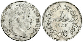 Francia. Louis Philippe I. 5 francos. 1845. W. Ag. 23,64 g. Falsa de época en plata. Los "sevillanos franceses" fueron muy posiblemente acuñados en Ba...