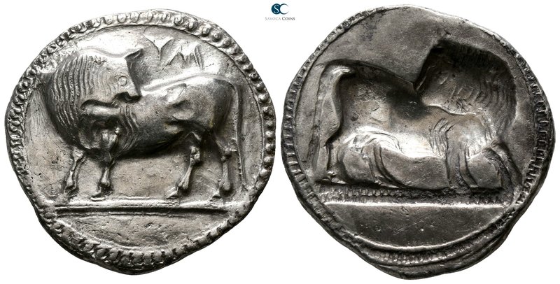 Lucania. Sybaris 520 BC. Nomos AR

27mm., 8,48g.

VM (= ΣΥ) Bull standing fa...