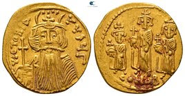 Constans II, with Constantine IV, Heraclius, and Tiberius AD 641-668. Struck circa AD 667-668. Constantinople. 3rd officina. Solidus AV
