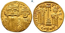 Constans II, with Constantine IV, Heraclius, and Tiberius AD 641-668. Struck circa AD 662-667. Constantinople. 5th officina. Solidus AV