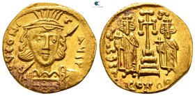 Constantine IV, with Heraclius and Tiberius AD 668-685. Constantinople. Uncertain officina. Solidus AV