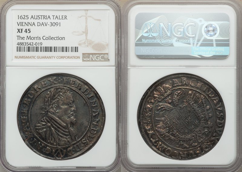 Ferdinand II Taler 1625 XF45 NGC, Dav-3091. Glossy surfaces glowing with blue-gr...