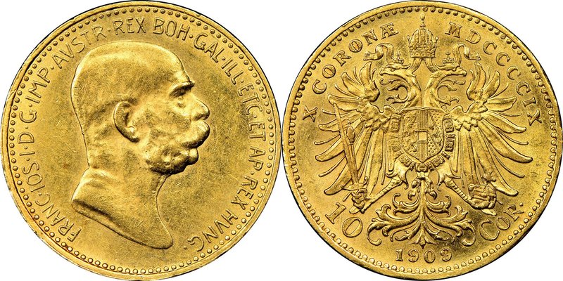 Franz Joseph I gold 10 Corona 1909 AU58 NGC, KM2815. "Small head" variety. AGW 0...