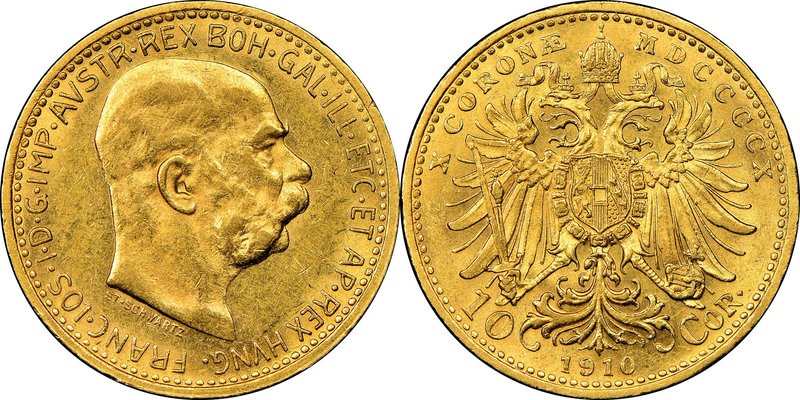 Franz Joseph I gold 10 Corona 1910 MS61 NGC, KM2816. Sold with old collector's t...